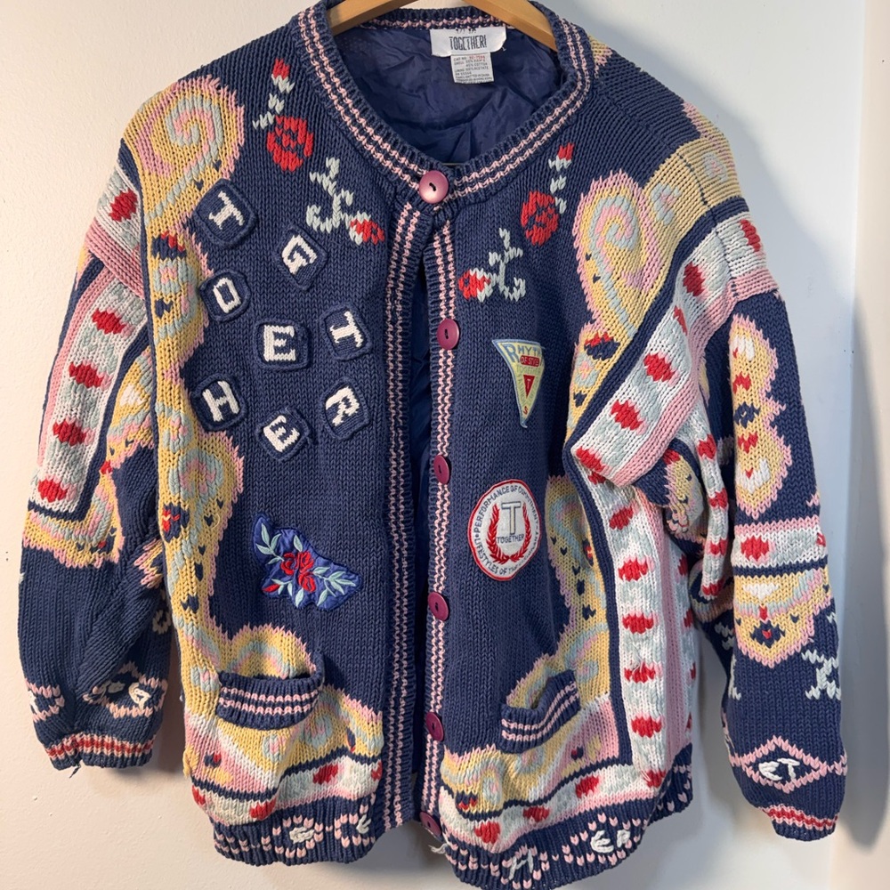 Together Navy Knit Patchwork Cardigan with Pink Accents and Buttons